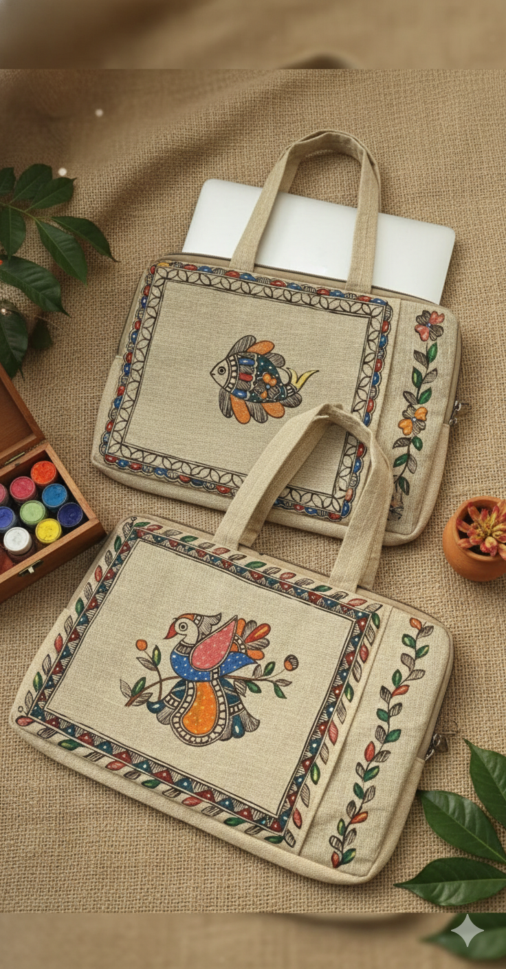 Madhubani Painting Laptop Bags — hand-painted Madhubani folk art