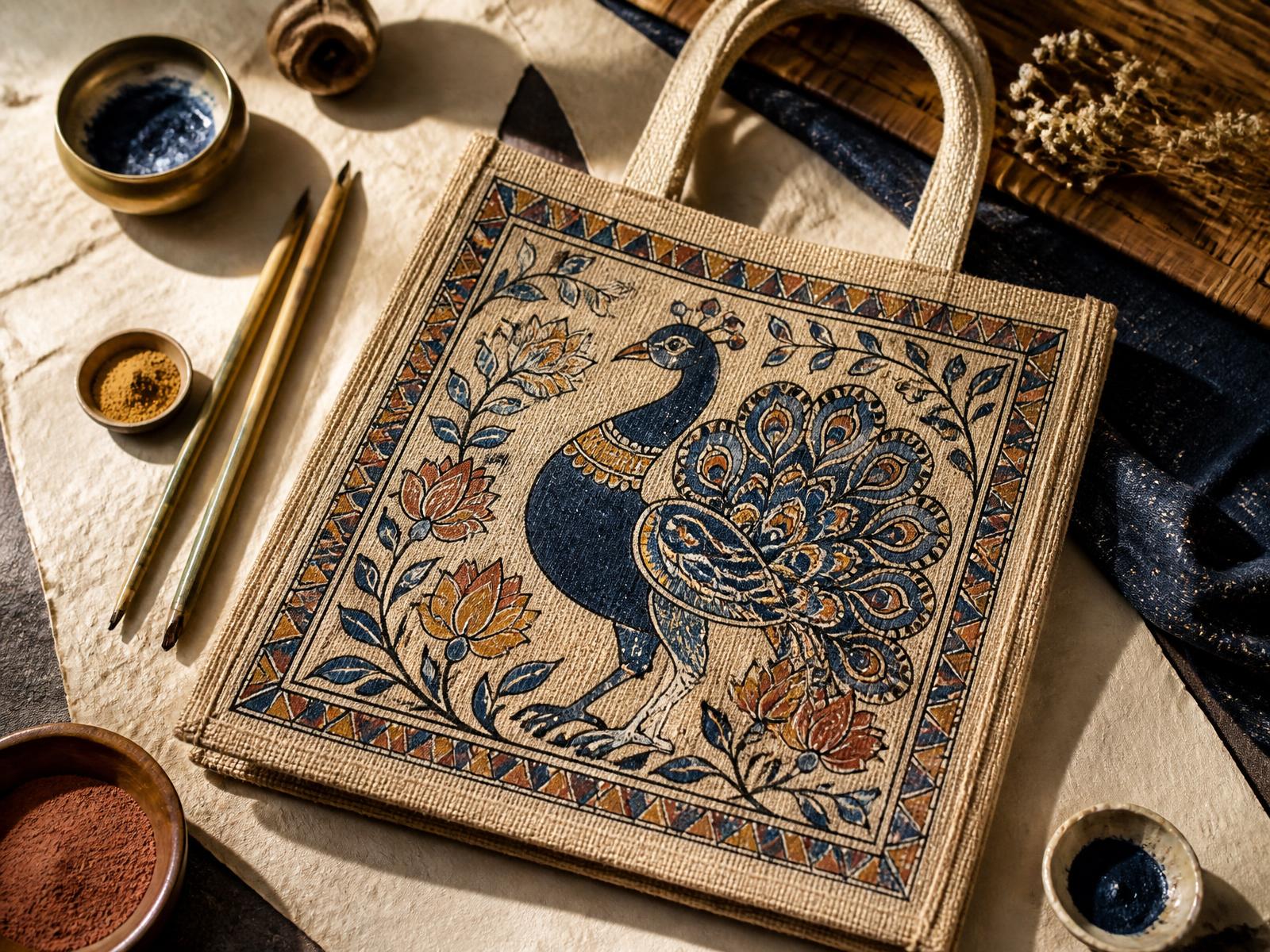 Hand-painted Madhubani jute tote bag with peacock and lotus motifs